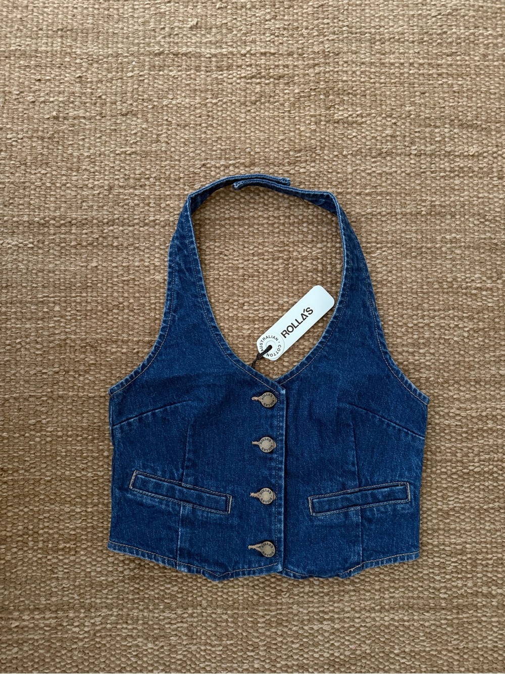 ROLLA'S Halter Denim Vest XS Cropped Button Front Dark Wash NWT
